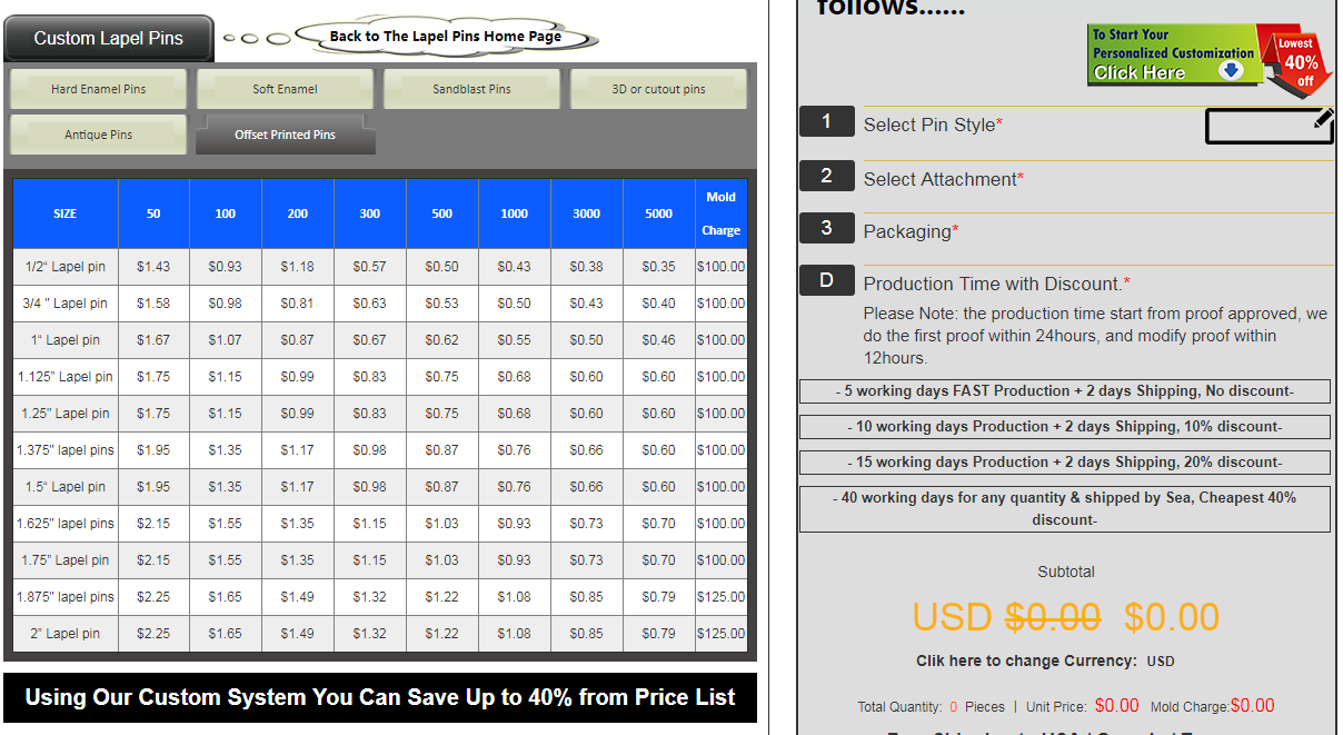 Price list of offset printed pins & Automated Quotation System