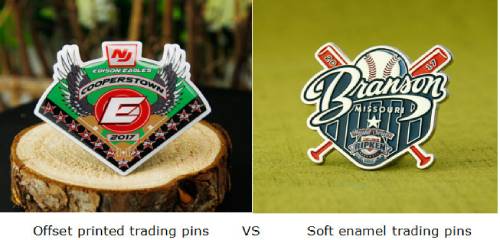 Offset printed trading pins VS Soft enamel trading pins